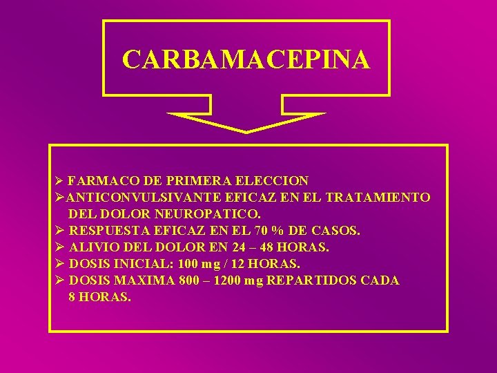 CARBAMACEPINA Ø FARMACO DE PRIMERA ELECCION ØANTICONVULSIVANTE EFICAZ EN EL TRATAMIENTO DEL DOLOR NEUROPATICO.