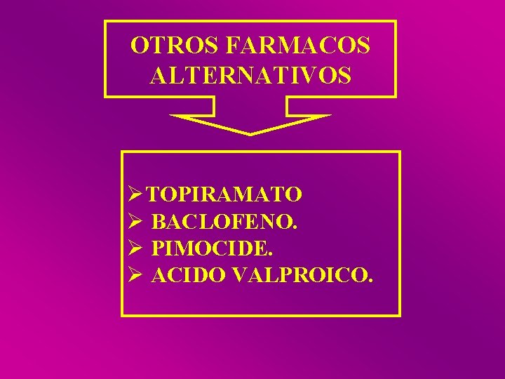 OTROS FARMACOS ALTERNATIVOS ØTOPIRAMATO Ø BACLOFENO. Ø PIMOCIDE. Ø ACIDO VALPROICO. 