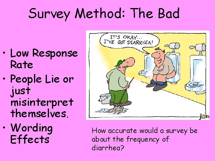 Survey Method: The Bad • Low Response Rate • People Lie or just misinterpret