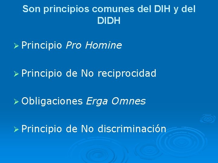 Son principios comunes del DIH y del DIDH Ø Principio Pro Homine Ø Principio