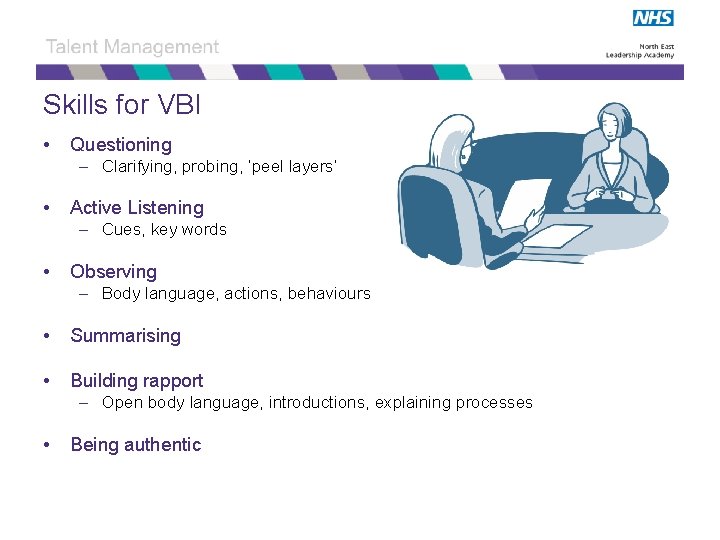 Skills for VBI • Questioning – Clarifying, probing, ‘peel layers’ • Active Listening –