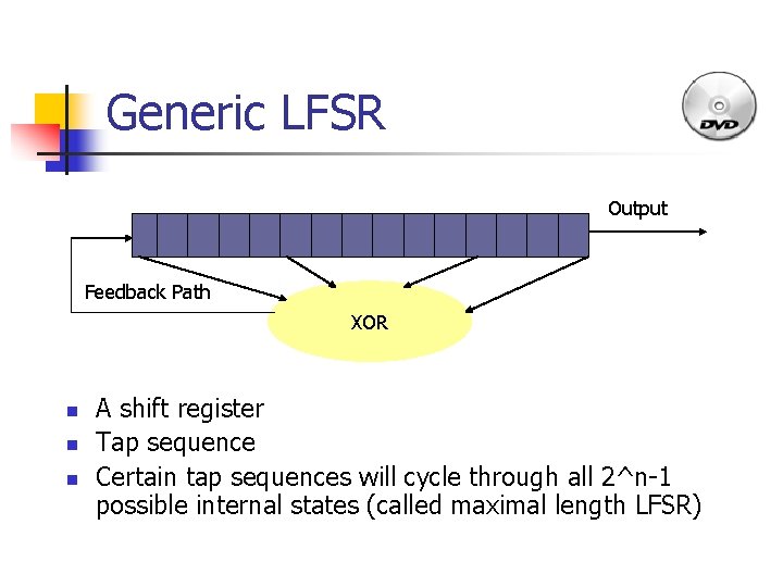 Generic LFSR Output Feedback Path XOR n n n A shift register Tap sequence