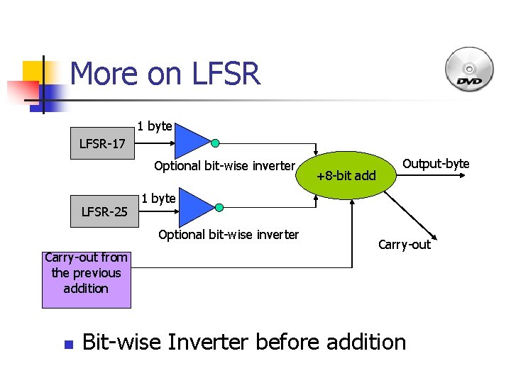More on LFSR 1 byte LFSR-17 Optional bit-wise inverter LFSR-25 1 byte Optional bit-wise