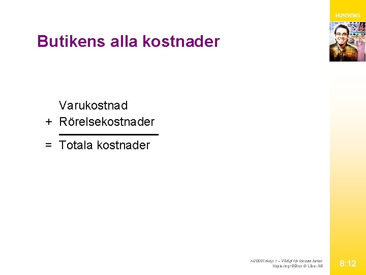 Butikens alla kostnader Varukostnad + Rörelsekostnader = Totala kostnader H 2000 Inköp 1 –