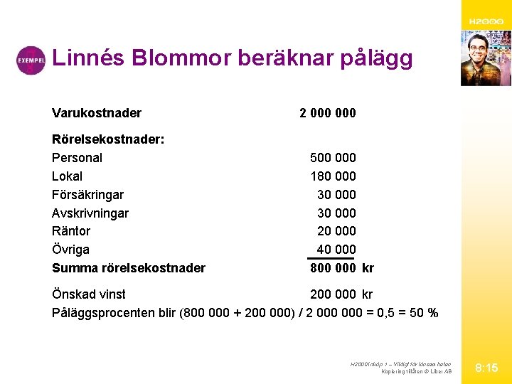 Linnés Blommor beräknar pålägg Varukostnader Rörelsekostnader: Personal Lokal Försäkringar Avskrivningar Räntor Övriga Summa rörelsekostnader