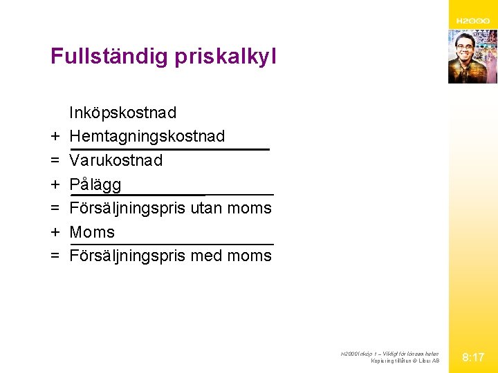 Fullständig priskalkyl + = + = Inköpskostnad Hemtagningskostnad Varukostnad Pålägg Försäljningspris utan moms Moms