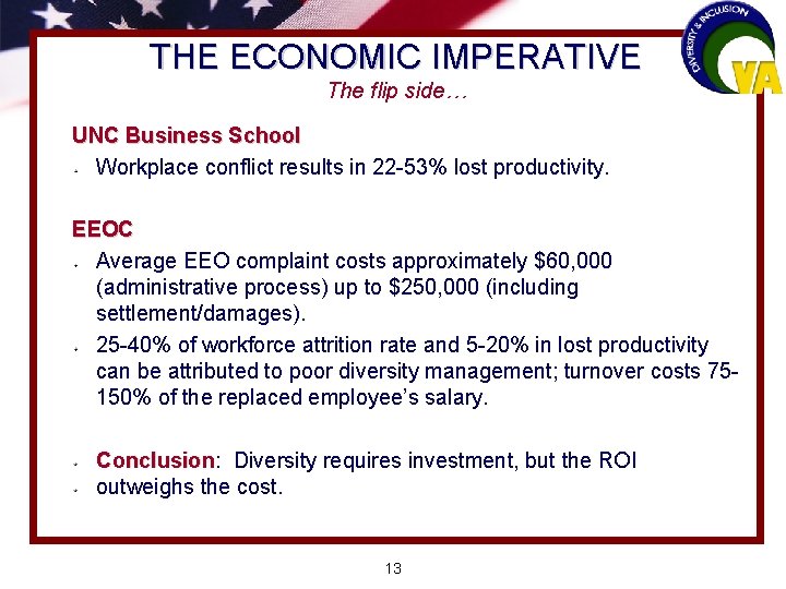 THE ECONOMIC IMPERATIVE The flip side… UNC Business School Workplace conflict results in 22