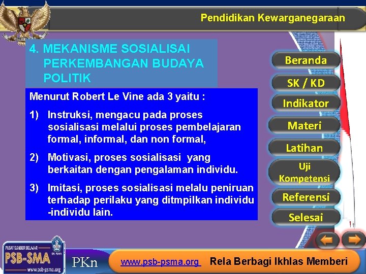 Pendidikan Kewarganegaraan 4. MEKANISME SOSIALISAI PERKEMBANGAN BUDAYA POLITIK Beranda SK / KD Menurut Robert Pendidikan Kewarganegaraan 4. MEKANISME SOSIALISAI PERKEMBANGAN BUDAYA POLITIK Beranda SK / KD Menurut Robert
