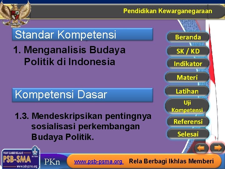 Pendidikan Kewarganegaraan Standar Kompetensi Beranda 1. Menganalisis Budaya Politik di Indonesia SK / KD