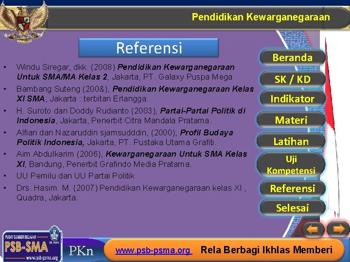 Pendidikan Kewarganegaraan Referensi • • Windu Siregar, dkk. (2008) Pendidikan Kewarganegaraan Untuk SMA/MA Kelas