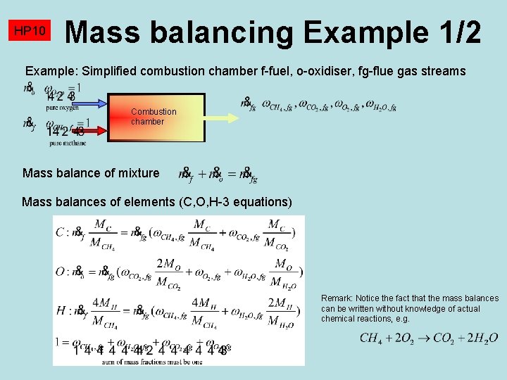 HP 10 Mass balancing Example 1/2 Example: Simplified combustion chamber f-fuel, o-oxidiser, fg-flue gas