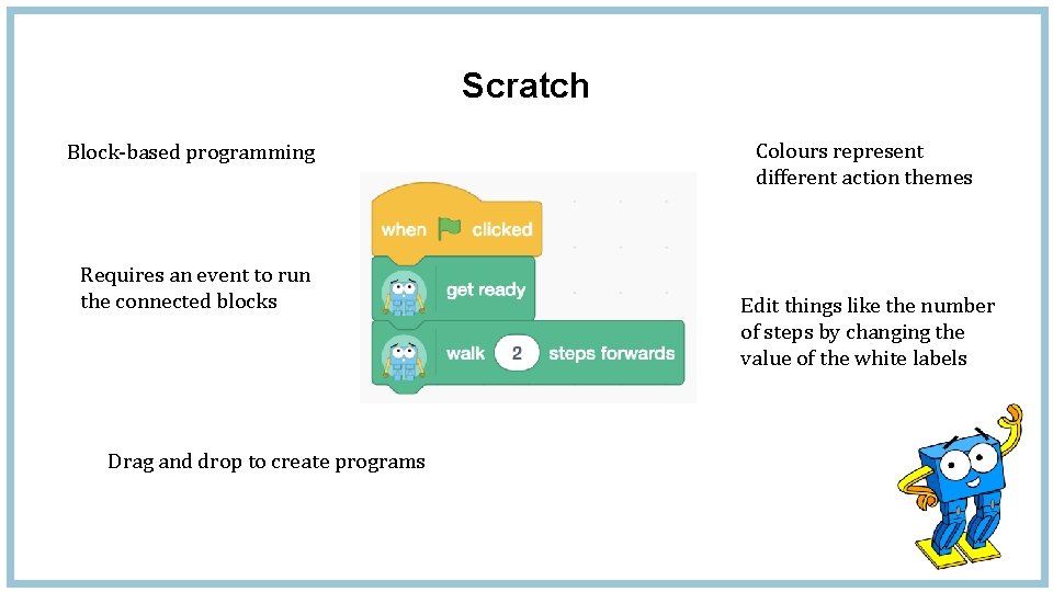 Scratch Block-based programming Requires an event to run the connected blocks Drag and drop