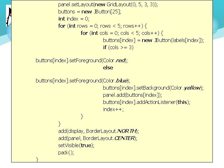 panel. set. Layout(new Grid. Layout(0, 5, 3, 3)); buttons = new JButton[25]; int index