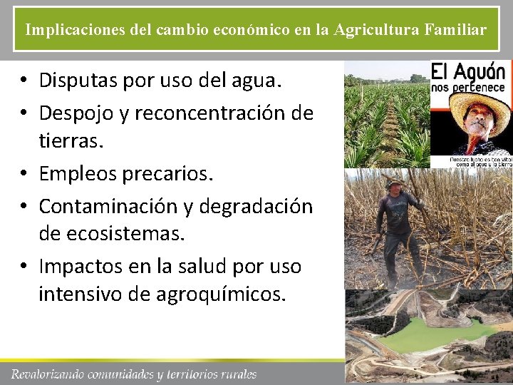 Implicaciones del cambio económico en la Agricultura Familiar • Disputas por uso del agua.