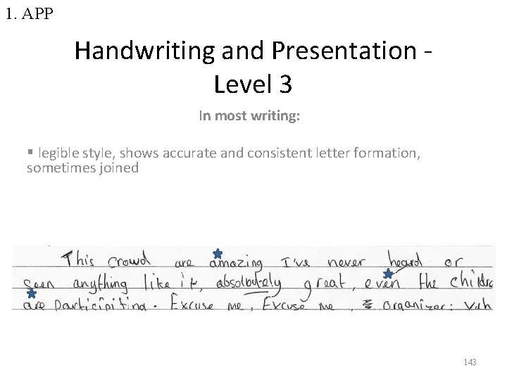 1. APP Handwriting and Presentation Level 3 In most writing: § legible style, shows