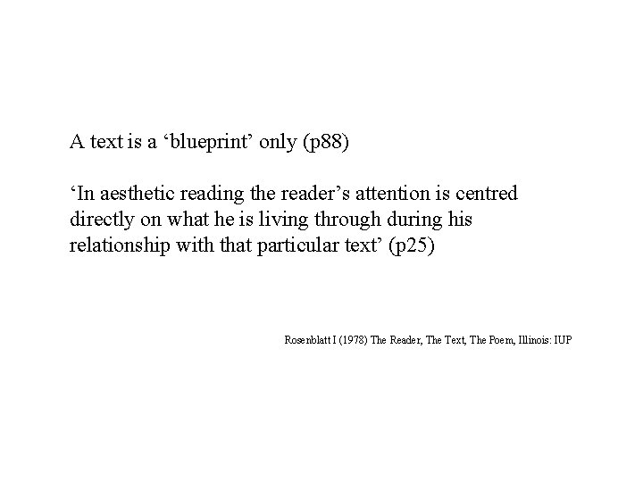 A text is a ‘blueprint’ only (p 88) ‘In aesthetic reading the reader’s attention