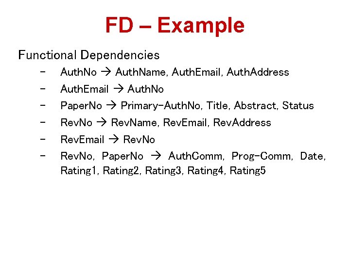 FD – Example Functional Dependencies – – – Auth. No Auth. Name, Auth. Email,