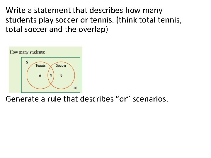 Write a statement that describes how many students play soccer or tennis. (think total
