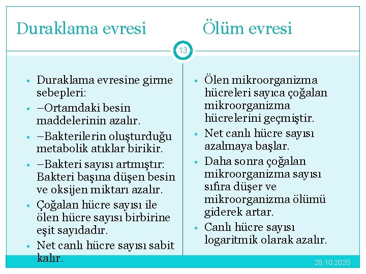 Duraklama evresi Ölüm evresi 13 • Duraklama evresine girme • • • sebepleri: –Ortamdaki