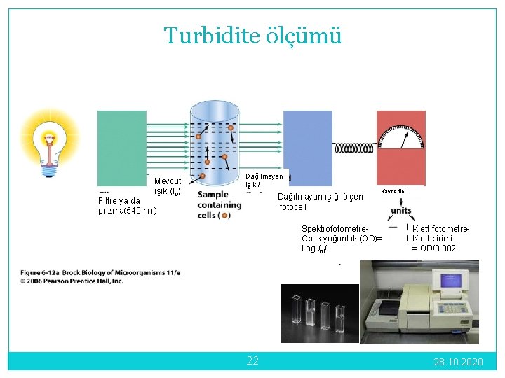 Turbidite ölçümü Mevcut ışık (I 0) Dağılmayan Işık I Dağılmayan ışığı ölçen fotocell Filtre