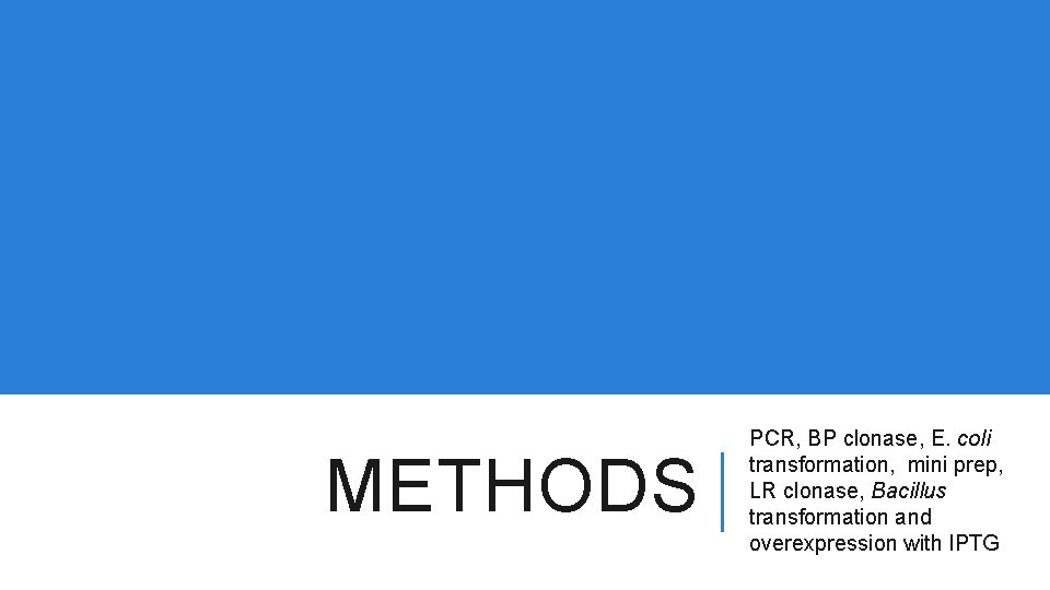 METHODS PCR, BP clonase, E. coli transformation, mini prep, LR clonase, Bacillus transformation and