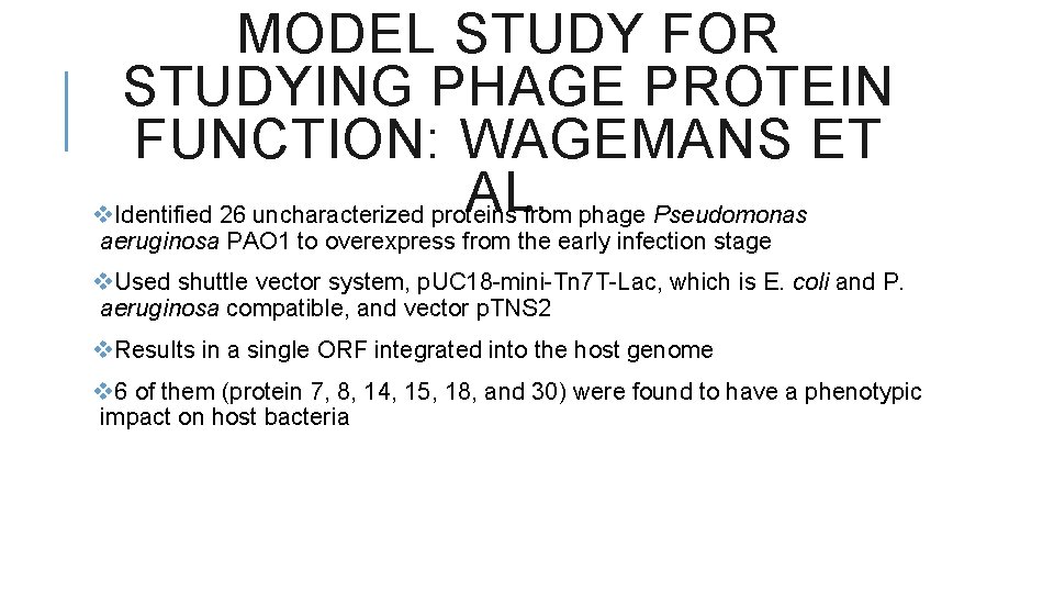 MODEL STUDY FOR STUDYING PHAGE PROTEIN FUNCTION: WAGEMANS ET AL. from phage Pseudomonas v.