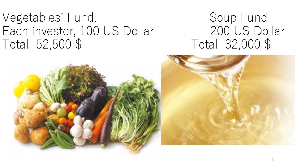 Vegetables’ Fund. Each investor, 100 US Dollar Total 52, 500 $ Soup Fund 200