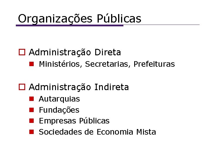 Organizações Públicas Administração Direta Ministérios, Secretarias, Prefeituras Administração Indireta Autarquias Fundações Empresas Públicas Sociedades