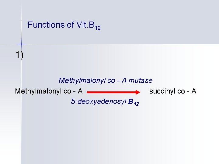 Functions of Vit. B 12 1) Methylmalonyl co - A mutase Methylmalonyl co -