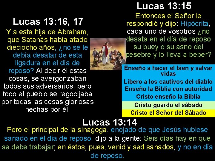 Lucas 13: 15 Lucas 13: 16, 17 Y a esta hija de Abraham, que