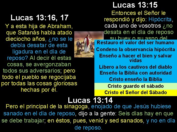 Lucas 13: 15 Lucas 13: 16, 17 Y a esta hija de Abraham, que