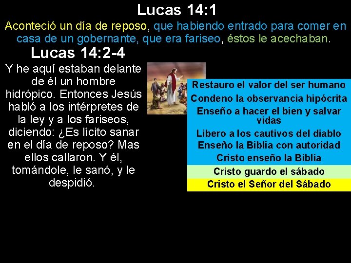 Lucas 14: 1 Aconteció un día de reposo, que habiendo entrado para comer en