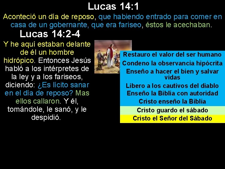 Lucas 14: 1 Aconteció un día de reposo, que habiendo entrado para comer en