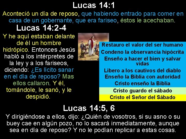 Lucas 14: 1 Aconteció un día de reposo, que habiendo entrado para comer en