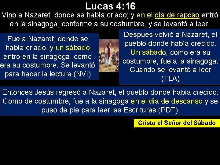 Lucas 4: 16 Vino a Nazaret, donde se había criado; y en el día