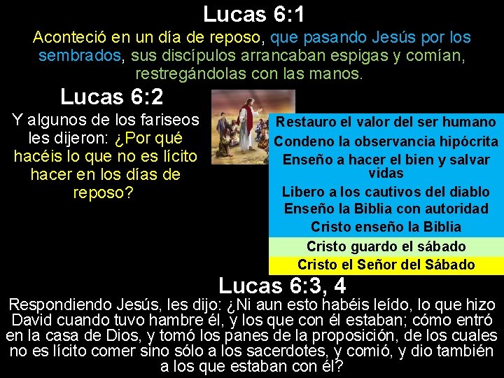 Lucas 6: 1 Aconteció en un día de reposo, que pasando Jesús por los