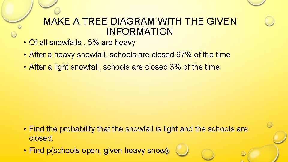MAKE A TREE DIAGRAM WITH THE GIVEN INFORMATION • Of all snowfalls , 5%
