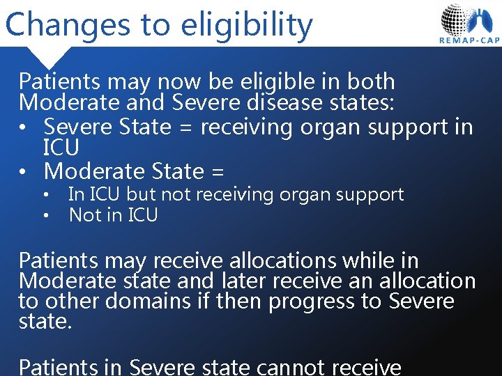 Changes to eligibility Patients may now be eligible in both Moderate and Severe disease