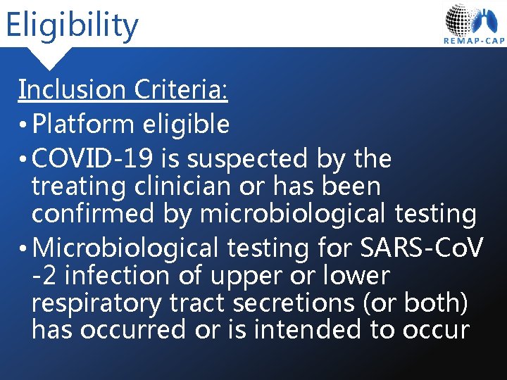 Eligibility Inclusion Criteria: • Platform eligible • COVID-19 is suspected by the treating clinician