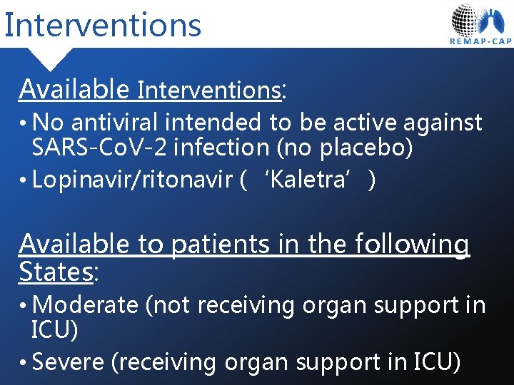 Interventions Available Interventions: • No antiviral intended to be active against SARS-Co. V-2 infection