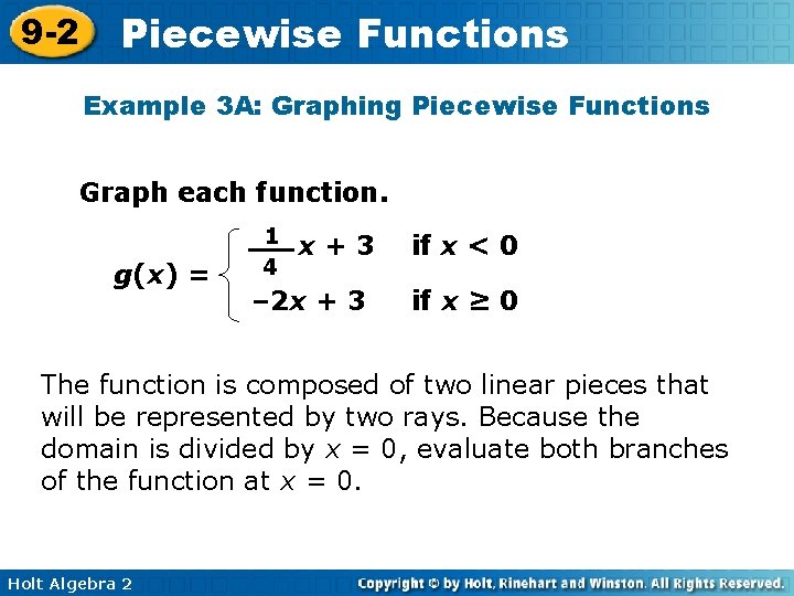 9 -2 Piecewise Functions Example 3 A: Graphing Piecewise Functions Graph each function. g(x)