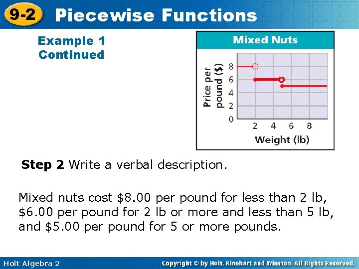 9 -2 Piecewise Functions Example 1 Continued Step 2 Write a verbal description. Mixed
