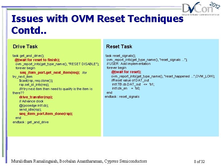 Issues with OVM Reset Techniques Contd. . Drive Task task get_and_drive(); @(wait for reset