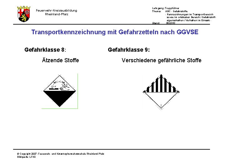 Lehrgang: Truppführer Thema: ABC - Gefahrstoffe - Kennzeichnungen im Transportbereich sowie im ortsfesten Bereich