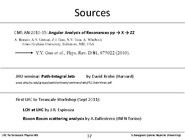 Sources CMS AN-2010 -35: Angular Analysis of Resonances pp → X → ZZ JHU