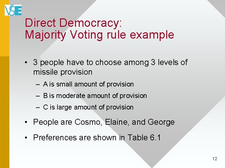 Direct Democracy: Majority Voting rule example • 3 people have to choose among 3