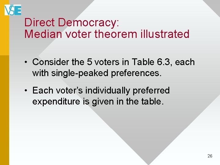 Direct Democracy: Median voter theorem illustrated • Consider the 5 voters in Table 6.