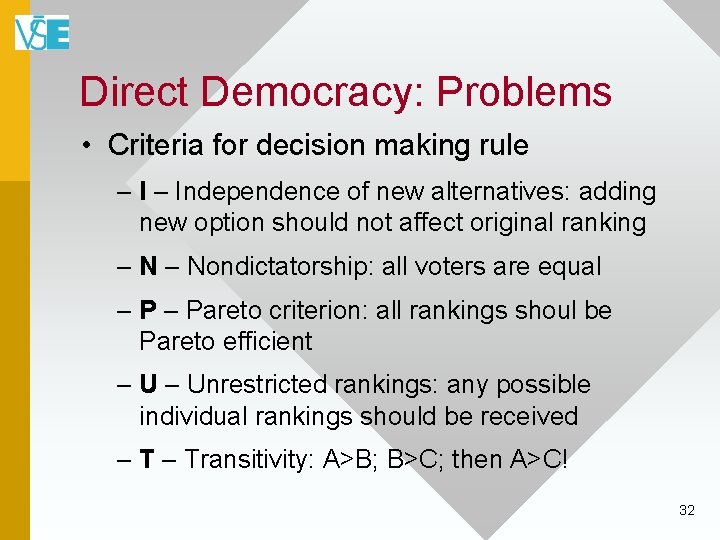 Direct Democracy: Problems • Criteria for decision making rule – Independence of new alternatives: