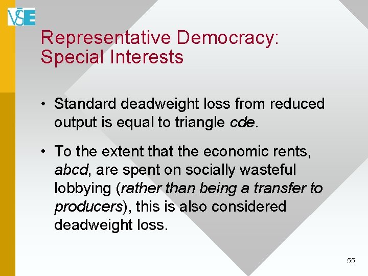 Representative Democracy: Special Interests • Standard deadweight loss from reduced output is equal to