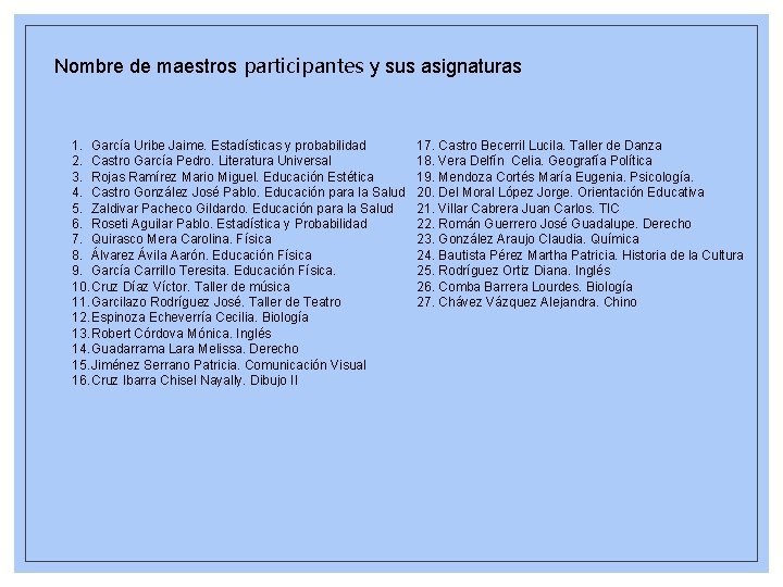 Nombre de maestros participantes y sus asignaturas 1. García Uribe Jaime. Estadísticas y probabilidad